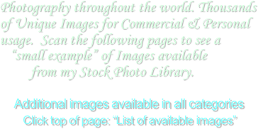 Photography throughout the world. Thousands of Unique Images for Commercial & Personal       usage.  Scan the following pages to see a 
   “small example” of Images available 
         from my Stock Photo Library. 

     Additional images available in all categories
        Click top of page: “List of available images”
￼￼￼